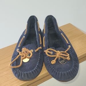 Coach Navy Antonia Moccasin Slippers with Tan Details